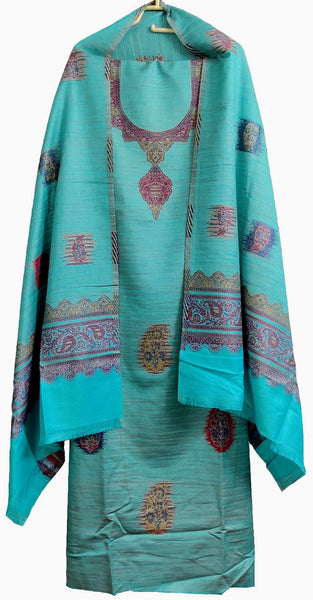 TURQUOISE (Khadi Silk Style/Look) KASHMIRI KANI WOVEN VISCOSE WOOL UNSTITCHED SALWAR KAMEEZ SHAWL/STOLL SUIT DRESS MATERIAL LADIES DEN