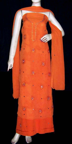 ORANGE MICRO CHIFFON UNSTITCHED SALWAR KAMEEZ SUIT DRESS MATERIAL w SEQUINS WORK LADIES DEN - Ladies Den