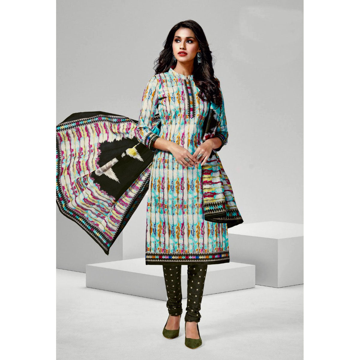 OFF WHITE-TURQUOISE-DARK OLIVE GREEN PRINTED COTTON UNSTITCHED CASUAL SALWAR KAMEEZ SUIT DRESS MATERIAL LADIES DEN