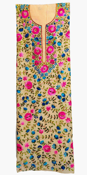 LIGHT YELLOW CHANDERI SILK CUSTOM STITCHED HAND EMBROIDERED KURTI KURTA OR SALWAR KAMEEZ UP TO READY SIZE 54 (stitching included) LADIES DEN