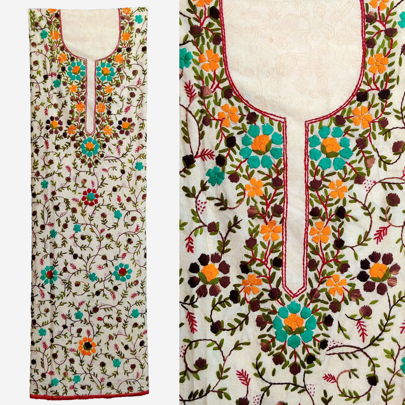 OFF WHITE-PEACOCK GREEN SELF PRINTED COTTON CUSTOM STITCHED HAND EMBROIDERED KURTI KURTA OR SALWAR KAMEEZ UP TO READY SIZE 52 (stitching included) LADIES DEN